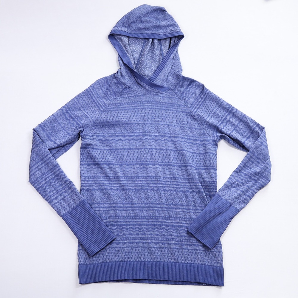 Lululemon Rest Less Hoodie Women Size 12 Blue Jacquard Knit Thumbhole Activewear